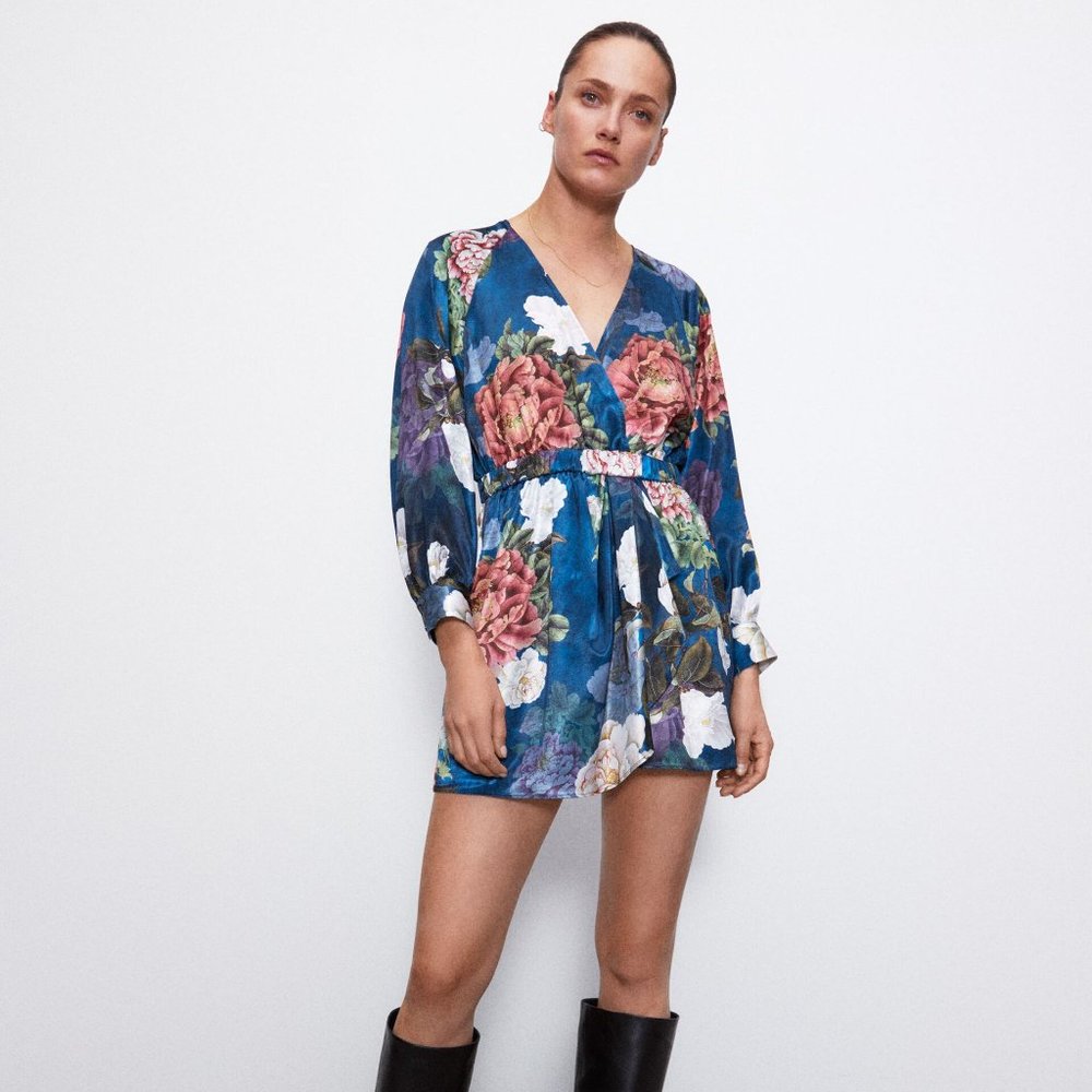 NWT ZARA Floral Print Satin Effect Short Jumpsuit